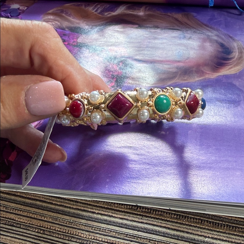 Gold Bracelet with Red and Green Gems